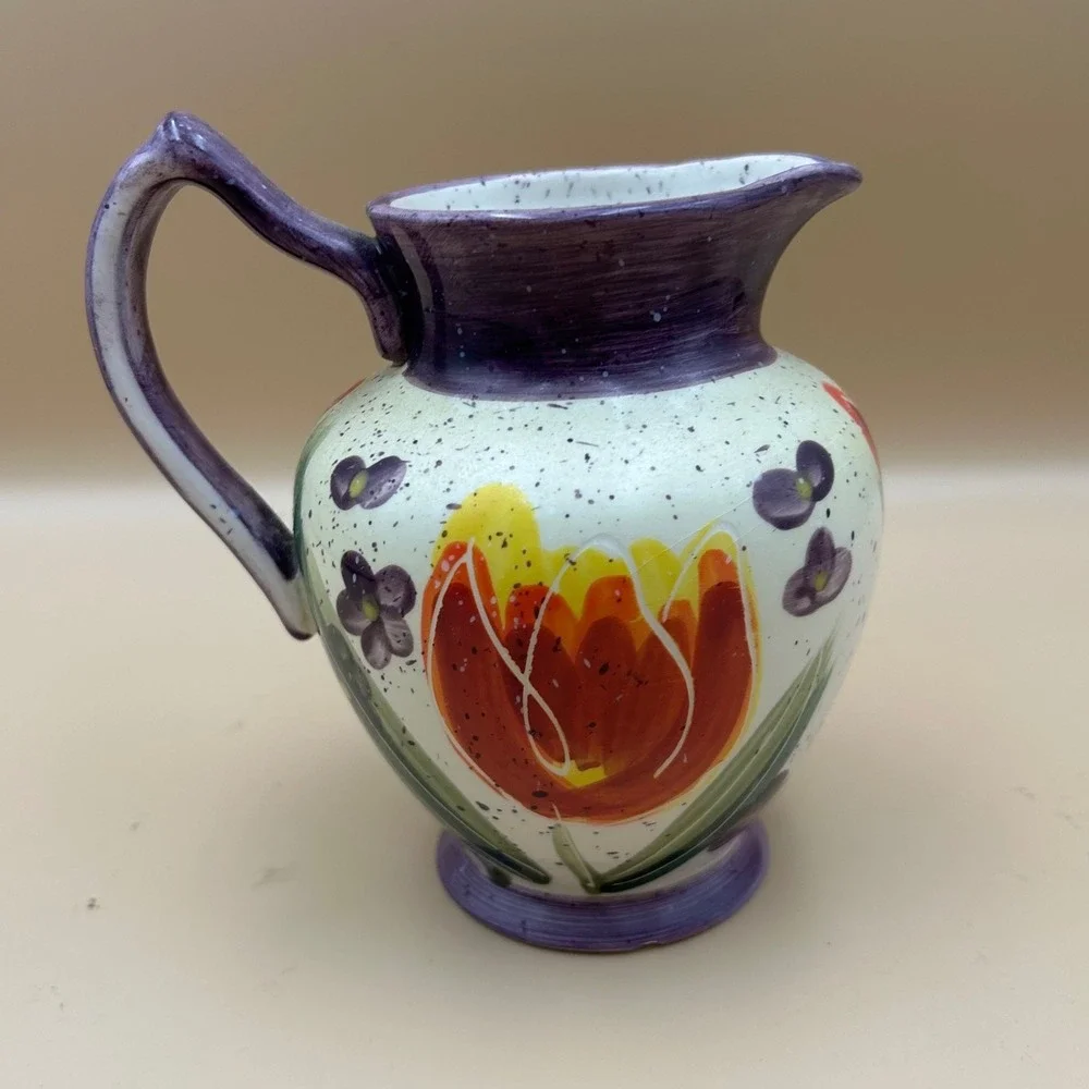 Julie Ueland Enesco Ceramic Pitcher Floral Tulip Purple Hand Painted 2000 Vtg